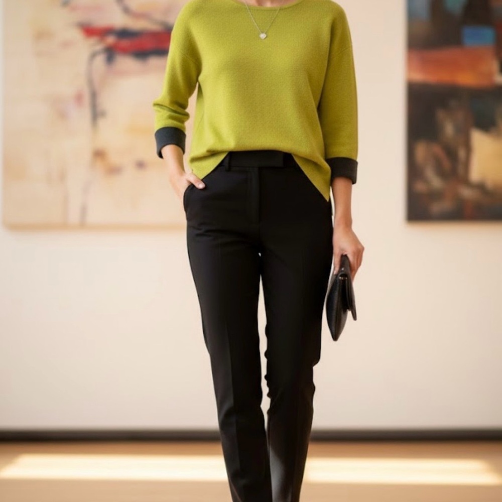 Tahari Chartreuse Green Knit Sweater XS | 3/4 Sleeve Black Cuffs Zip Back | NWT